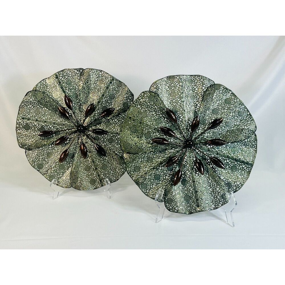 MCM Pair of Metal Round Wall Hangings Accents Green Silver Medallion